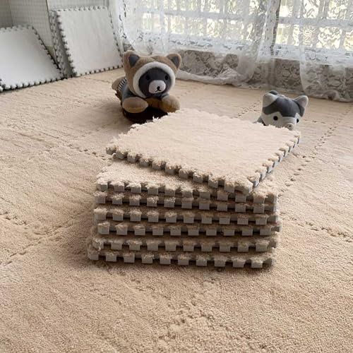 10 pcs carpet squares,interlocking foam tiles,Shaggy Soft foam floor,Thickened foam puzzle floor mat,Protective Floor Tiles Exercise Play Mat,Washable,for Children Kids Room,Home,Parlor,Bedroom(Light