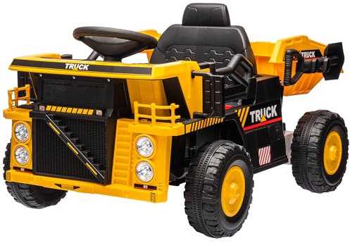 AIYAPLAY Elektrischer Traktor mit Schaufel, 12 V Kinder Aufsitztraktor, Kinder Elektroauto mit MP3 Funktion, Kinderfahrzeug mit Scheinwerfer, 3-6 km/h, für 3-5 Jahre, Gelb