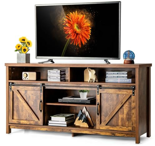 CASART TV Stand Cabinet for 65 Inch TVs, 150cm Wooden Console Table TV Unit with Sliding Barn Doors, Adjustable Shelf & Cable Holes, Media Entertainment Center for Living Room Bedroom (Rustic Brown)