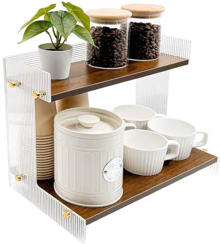 SNAIL GARDEN Acryl & Holz Kaffee-Station Organizer mit Erhöhten Rändern – 2-stöckiger Kaffee-Bar Organizer mit Stabiler Basis – Edle Walnuss-Optik für Küchen-Arbeitsplatte
