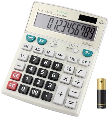 HIHUHEN Calculatrice électronique de bureau grande taille avec affichage à 12 chiffres, alimentation solaire et par pile, boutons grands, multifonctionnelle pour les calculs professionnels, scolaires