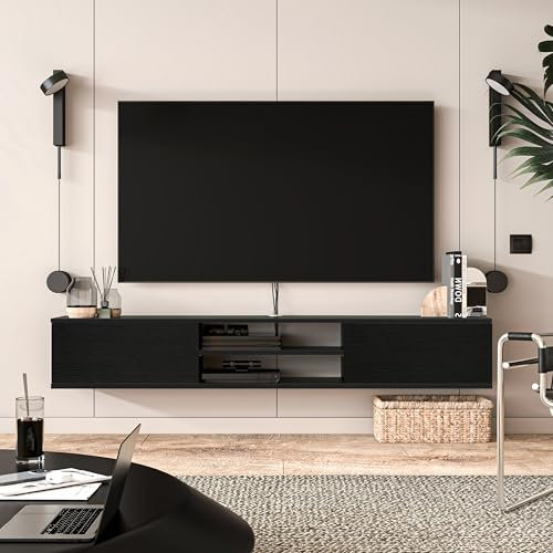Uniqtrio Floating TV Unit, Floating TV stand Cabinet, TV Units for Living Room 75 inch TVs, TV Stand Unit, TV Table, Media Wall Unit, TV Stands for Living room Entertainment Wall Unit (Wooden Black)