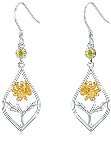 Flower Earrings S925 Sterling Silver Chrysanthemum Drop Earrings Yellow Topaz November Birthstone Earrings Flower Jewellery for Women Birthday Birthstone Gifts
