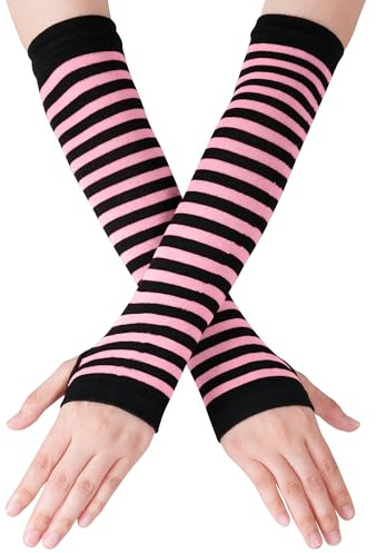 Nydotd Fingerless Long Sleeve Mittens Gloves Y2K Kawaii japanese harajuku Gothic Punk Knitted Striped Arm Warmer for Women