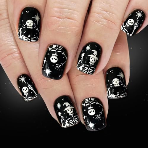 24PCS Halloween Fake Nails - Schwarz Kurz Square Fingernägel, mit weißem Skelett, weißen Knochen und glänzend Sternenmuster, Full Cover künstlichen Nägel - Geeignet für Halloween DIY Nagelkunst