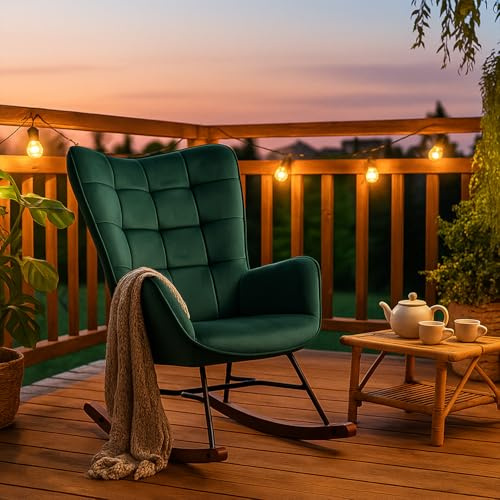 Meuble Cosy Fauteuil à Bascule de Jardin, Chaise de Détente pour Terrasse et Balcon Couverts, Design Scandinave avec Pieds Bois et Métal, Velours Non Imperméable
