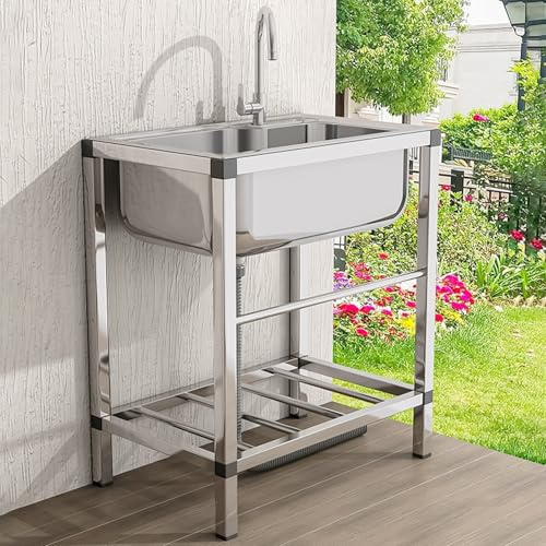 DSEWTEZXI Évier Acier Inoxydable Cuisine Lavabo à Une Cuve avec Robinet, Evier Buanderie Simple, Evier Restaurant Commercial avec Robinet, pour buanderie/arrière-Cour/Garage.