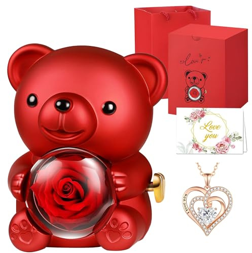 Wieerda Valentines Gifts for Her, Romantic Teddy Bear Preserved Rose Gift with Necklace for Women Girls, Eternal Flower Rose Gift Box for Valentines Mothers Day Anniversary Day Birthday