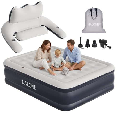 NALONE Matelas Gonflable 2 Personnes Electrique 203x152x45cm, Lit Gonflable Autogonflant avec Pompe Électrique Intégrée avec Dossier Amovible pour Camping et Maison