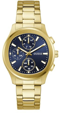 Guess Palmer Herren Armbanduhr, Quarz Analog, Edelstahl, 40mm, Edelstahlarmband, Gold, 5 bar, Zifferblattfarbe: Blau, Datumsanzeige, GW1048G2