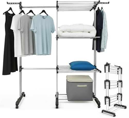 JANDTEK Tendedero Vertical Plegable, Tendedero Interior 3 Niveles Tipo Torre, Extensible con Ruedas y Freno, Tendedero Ropa de Acero, Gran Capacidad y Ahorro de Espacio