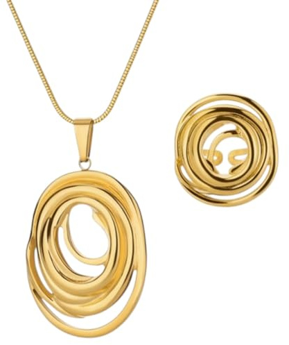 meberg Karma NH115033852 Schmuckset Damen Silber od. Gold Edelstahl vergoldet Halskette und Ring Kette Geschenkset für Frauen wasserfest hypoallergen rosfrei