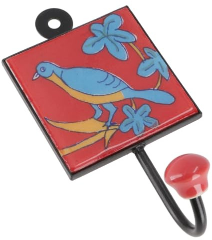 Wandhaken aus Keramik mit handgefertigter Fliese, 7,5x7,5 cm, Modell 1 | Metallkonstruktion, handbemalt, indischer Stil, ideal für Flur, Wohnzimmer, vielseitig einsetzbar