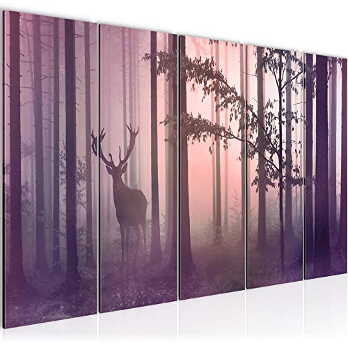 Runa Art Wandbild XXL Wald Hirsch Schlafzimmer Wohnzimmer 200 x 80 cm Rosa 5 Teilig - Made in Germany - 013455b