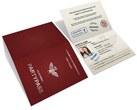 Personalisierte Hochzeitseinladungen silberne Hochzeit Silberhochzeit witzig Einladungen individuell - Reisepass Party Pass, A6 Kartonpapier, ab 10 bis 100 Stück