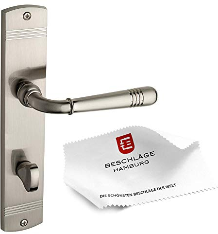 Beschläge Hamburg | Türgriff Türbeschlag | EMILY ART 70-09 MMN WC | Türklinke mit Bad Verriegelung | Langschild 45x235 mm für Zimmertüren | Drückergarnitur/Türdrücker für Innentüren | matt vernickelt