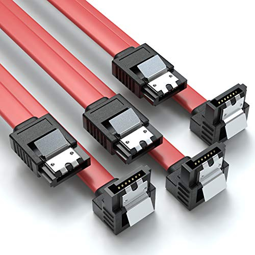 JAMEGA – 3X 50cm SATA III Kabel | S-ATA 3 Datenkabel 6 Gbit/s Verbindungskabel Anschlusskabel für SSD HDD Metall-Clip 1x Gerade 1x 90° Winkel L-Type Stecker - Rot