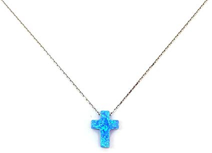 MYSTIC JEWELS by Dalia - Halskette mit Kreuz-Anhänger, 925er Sterlingsilber, synthetischer Opal, Länge 40 cm + 5 cm, verstellbar (Silber)