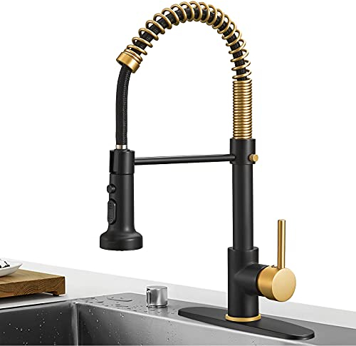 Hoimpro Grifo de cocina de resorte negro mate y dorado cepillado con pulverizador extraíble, grifos de fregadero de cocina con pulverizador extraíble, 3 funciones, grifo de lavandería de un solo mango