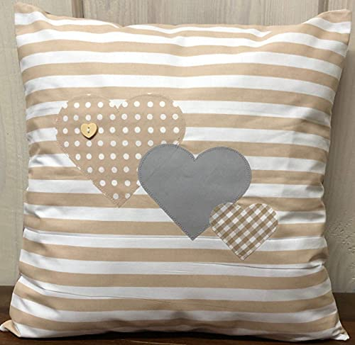 Landhausstil Kissenhülle, Kissenbezug, Kissen *Herzen* beige/weiß gestreift
