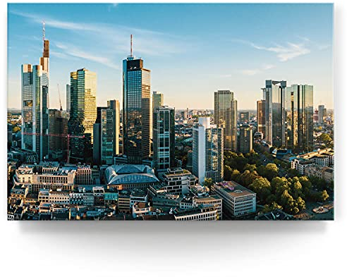 BilderKing Wandbild Frankfurt Am Main Skyline - 120cm x 80cm Leinwand auf Fertigrahmen + Aufhänger