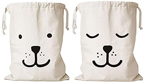 2 Wäschesack mit Kordelzug Großer Leinwand Wäschebeutel Reisetaschen Aufbewahrungsbeutel für Kleidung Spielzeug Andere Gegenstände Schlafender & Lächeln Bär 60 x 48CM