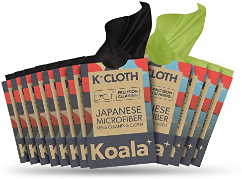 Koala Lens Cleaning Cloth | Japanese Microfiber | Glasses Cleaning Cloths | Eyeglass Lens Cleaner | Eyeglasses, Camera, VR/AR Headset, and Screen Cleaner | Black & Green (Pack of 12)
