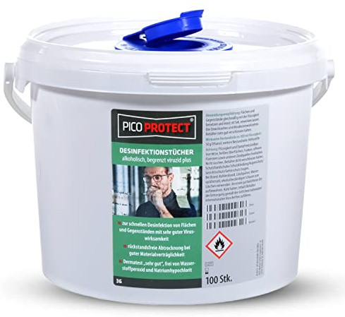 PICO Protect® 36 Desinfektionstücher - 100 Stück im Eimer - Für Flächen und Gegenstände - Alkohol Tücher zum Desinfizieren