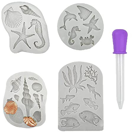 Wanfoou 4 stampi in silicone a tema marino, conchiglie, stelle marine, ricci di mare, caramelle, decorazioni per torte, cioccolato