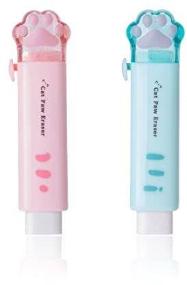 LEEQ Einziehbare Radiergummis - 2 Stück Katzenpfoten Radiergummi für Kinder, Push-Pull für Studenten, Schreiben, Büro, Schulbedarf (Blau+Pink)