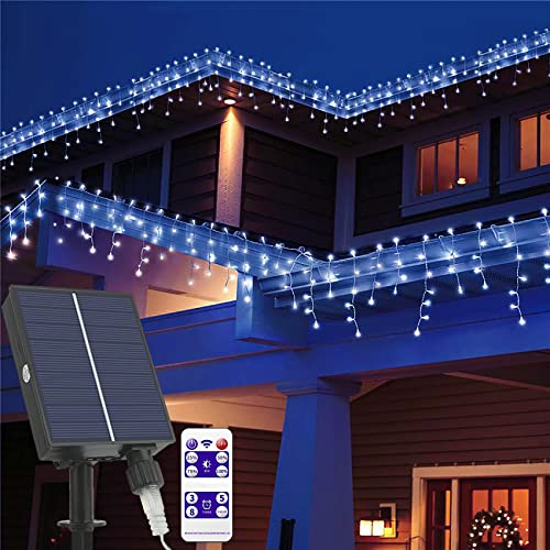 DINOWIN Solar LED Eisregen Lichterkette Außen mit Fernbedienung Wasserdicht 8 Modi Eiszapfen Lichterkette Lichtervorhang Deko für Weihnachten Hochzeit Terrasse (32.8ft 300LED, Blau)