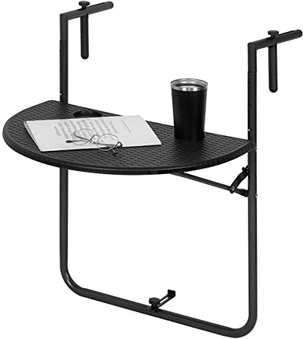 WOLTU Tavolo Sospeso per Balcone Tavolo da Muro Tavolino Pieghevole da Esterno, con 3 Altezze Regolabili, Tavolino Rotondo con Telaio Metallico in Stile Rattan, Nero