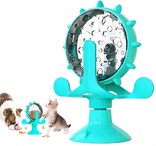 Windmühle Katzenspielzeug Haustier Katze Undichtes Spielzeug Interaktives Katzenspielzeug Riesenrad Essensausgabe 360° Drehbar Vertikal Katzenspielzeug mit Starkem Saugnapf (Blau)