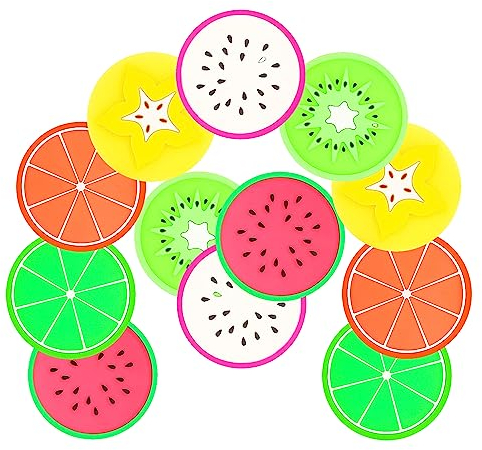 EXPECTRO 12Pcs Fruit Silicone Coaster, Non Slip Heat Insulation Coasters, Colorful Cup Rubber Mat Novelty Slice Silicone Coaster for Drink Prevent Furniture and Tabletop (Pack of 12)