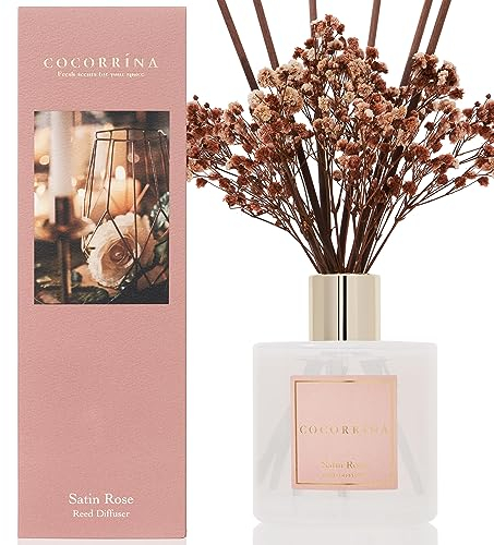 COCORRÍNA Raumduft Reed Diffuser mit 8 Duftstäbchen 200ml- Satin Rose, Natürlich, Langanhaltend, Home Duft ätherisches Öl Reed Diffusor für Badezimmer Regal Dekoration