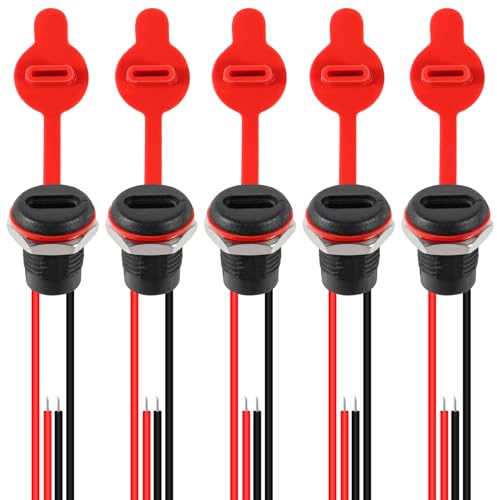 5Pcs 2Pin Charging Socket Female Mount Connector Adapter USB Type-C Port Charging Interface Socket Female Type C 3A with Waterproof Cover Cap Jack Cord USB-C Charger Plug