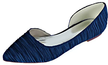 WeFloHsL Womens Flat Wedding Shoes for Bride Ladies Pointed Toe Satin Bridesmaid Ballet Pumps 2046-21FZ,Navy,2 UK