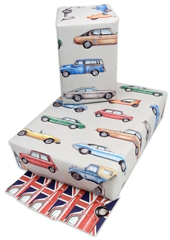 Presenting Perfection Klassisches Auto-Geschenkpapier, 5er-Bogen-Packung, sorgfältig illustriertes britisches Auto-Geschenkpapier
