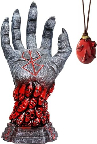 Berserk Figur Statue Hand of God Merch Anime Figur mit Behelit Ei des Königs Halskette Schädel Rune Teufel Hand Ornament Skulptur Zubehör Halloween Dekoration Home Desk Collections (Hand + Halskette)