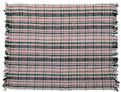 Creative Co-Op Plaid gewebte Baumwollmischung Überwurf mit Fransen, cremefarben, grün und rot