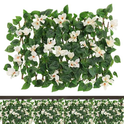 Erweiterbarer Sichtschutzzaun – Gartenzaun-Sichtschutz mit Blumen | Künstlicher Efeu Sichtschutzzaun | Wasserdichter künstlicher Heckenzaun | Blatt-Sichtschutzzaun für Terrasse, Garten, Hof, Hinterhof