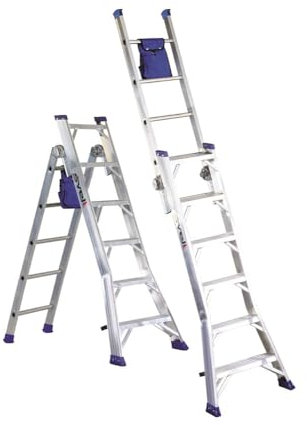 Svelt Scala Professionale in Alluminio, Multiposizione a Doppia Salita, Trasformabile in Scala d'Appoggio, dotata di Borsa Porta-Attrezzi, Hybrid (8 Gradini)