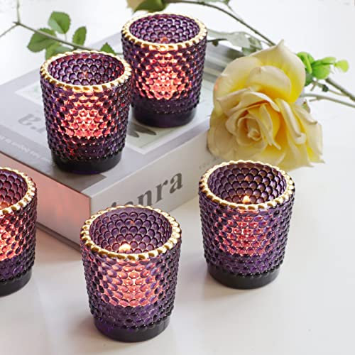 Vohocandle Lila Teelichthalter mit Goldrand, 12 Stück Vintage Teelichtgläser 5,5 cm L x 6 cm H für Halloween Deko, Edle Hochzeit Kerzenhalter mit Wabenmuster für Party Deko, Geburtstag und Heim Deko