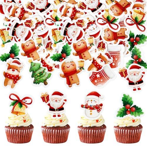 Ercadio 40 Pcs Edible Merry Christmas Cupcake Toppers Santa Claus Christmas Tree Snowman Cupcake Picks for Celebrating Merry Christmas Theme New Year Holiday Party Cake Decorations