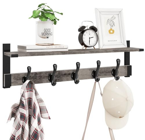 Homode Porte-manteau mural avec étagère, étagère murale en bois de 73,6 cm avec crochets, support mural avec 5 crochets pour salle de bain, chambre à coucher, salon (gris)