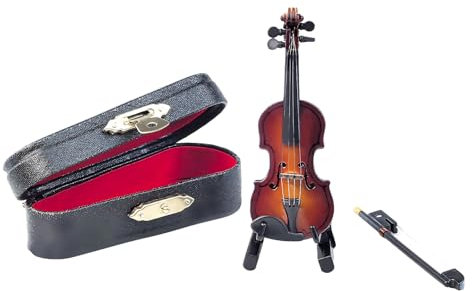 Violino in miniatura in legno con archetto e custodia, mini strumento musicale in miniatura, modello per casa e ufficio, decorazione per compleanno, Natale (8 x 3 x 1,5 cm)