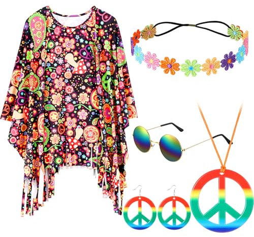 Hestya 5 Stück 60er 70er Hippie Kostüm Set Damen Hippie Tie Dye Poncho Blumen Stirnband Retro Sonnenbrille Frieden Zeichen Ohrringe Friedenszeichen Halskette für Party Outfit Zubehör(Stilvoll)
