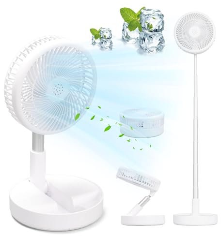Ventilador de Pie Portátil Plegable, Ventilador inalámbrico, 3.5-39 pulgadas Altura Ajustable, Inclinación Ajustable, 4 Velocidades, Batería Recargable 7200mAh, para Camping Viajes (Normal)
