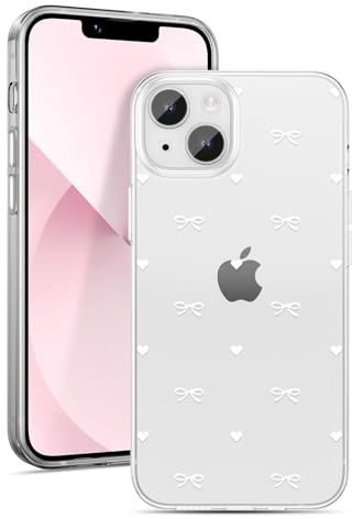 ZTOFERA Clear Case with Bows Pattern for iPhone 14 Plus, White | 6.7-Inch, Cute Love Heart & Bowknot Design, Soft Flexible TPU, Shockproof Protective Cover, for Women Girls