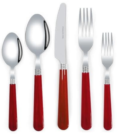 Thickened Plastic Handle Kitchen Stainless Steel Silverware Tableware Flatware Cutlery Set Steak Knife Fork Spoon Tea Spoon (Red,5 Pieces)